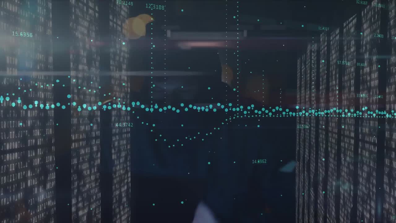 Animation of financial data processing over male hacker and computer servers