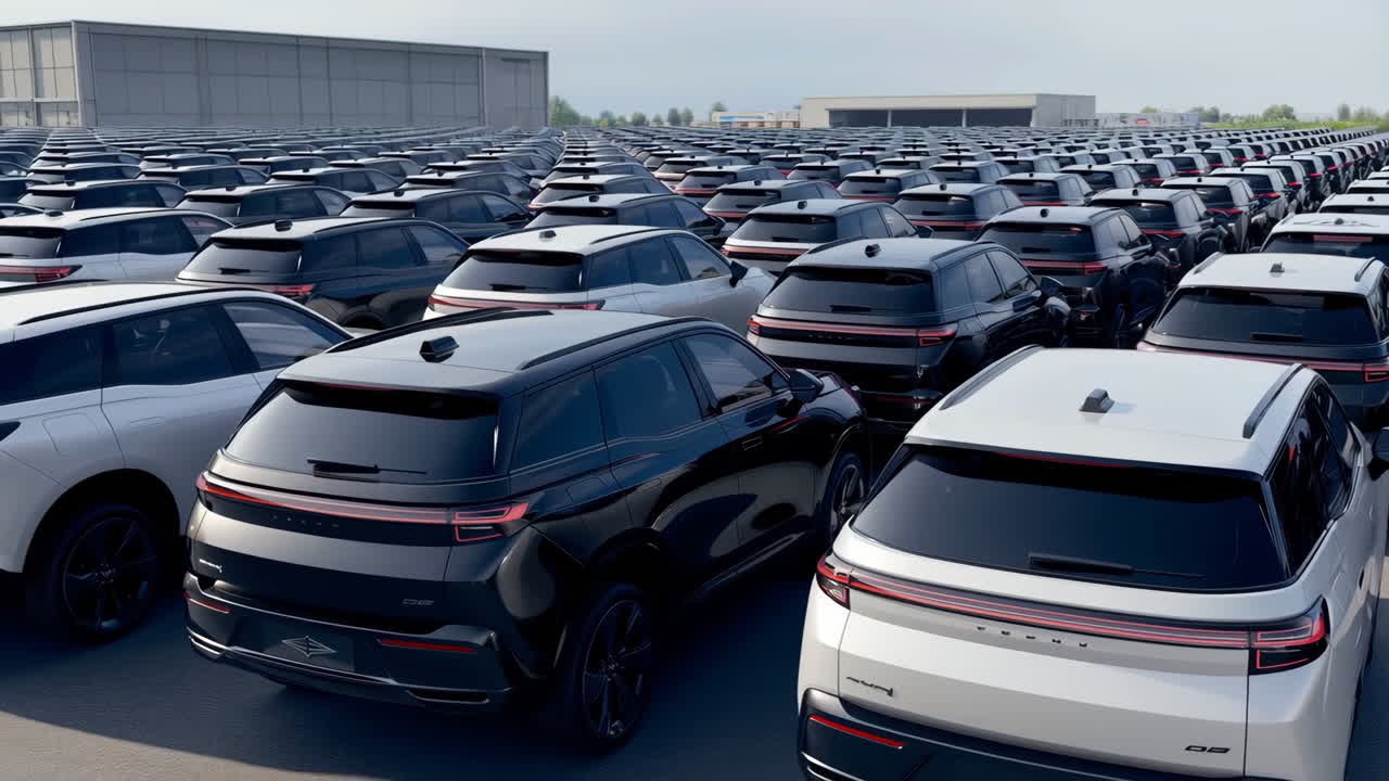 Vast parking lot filled with rows of new black and white SUVs