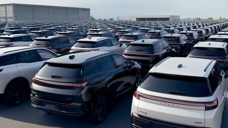 vast parking lot filled with rows of new black and white suvs