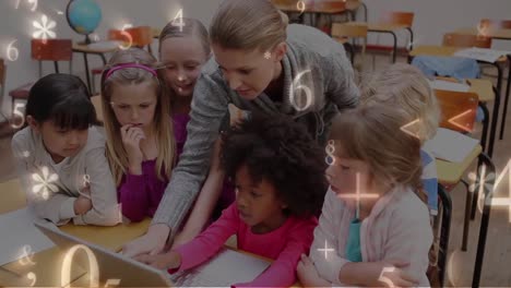 schoolchildren and teacher studying and using laptop while numbers and symbols move