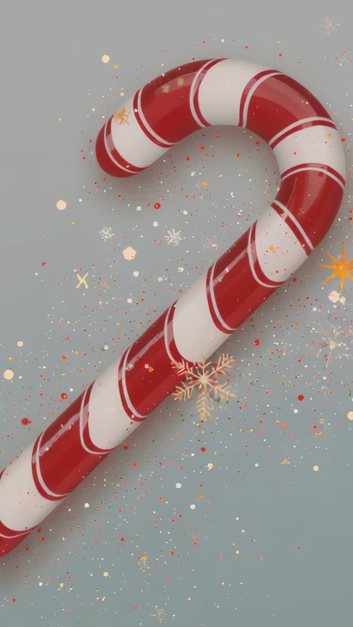 Vertical video: Panning shot revealing candy cane on gray backdrop, sparkling confetti for holiday