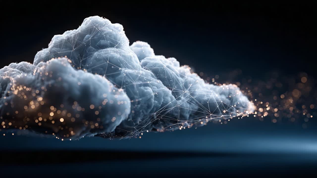 A Stunning Visual of a Cloud Represented with Glowing Particles and Dynamic Lighting, Showcasing the Interaction Between Nature and Technology in a Captivating Scene