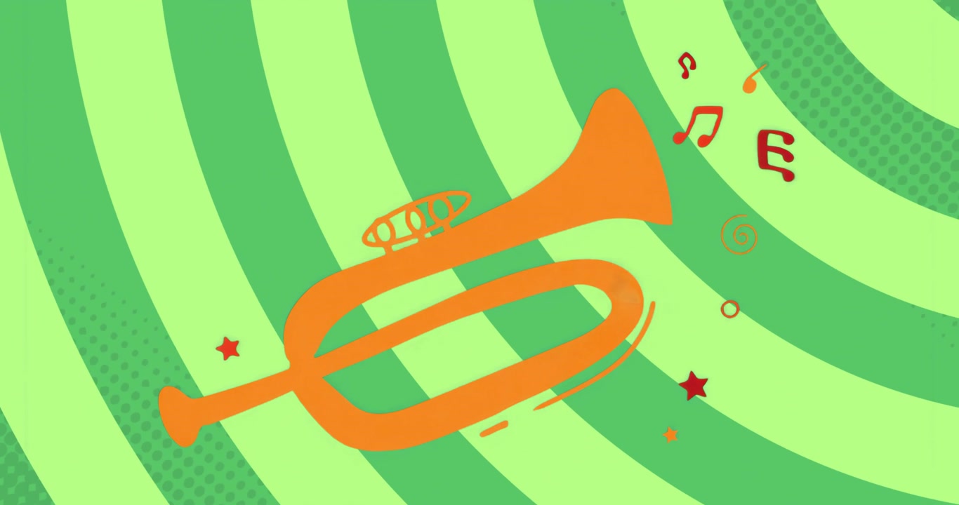 Trumpet graphic filling, retracting outline over green arcs while note and star accents animating