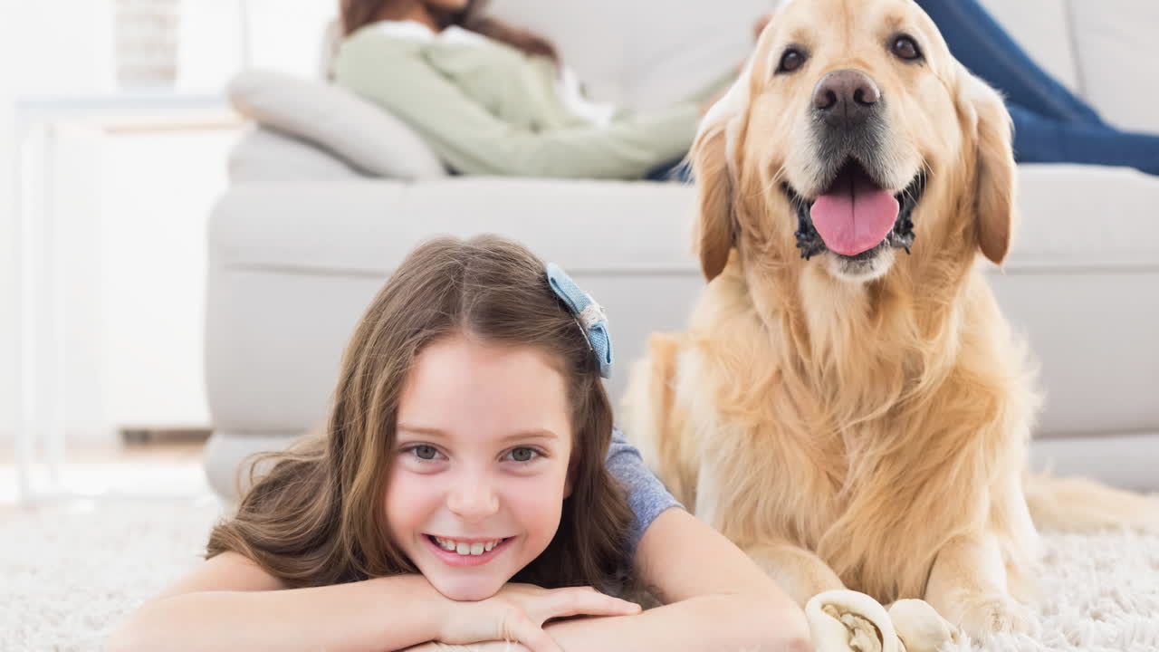 행복 한 백인 가족 과 함께 귀여운 라브라도르 애완 동물 개 의 애니메이션