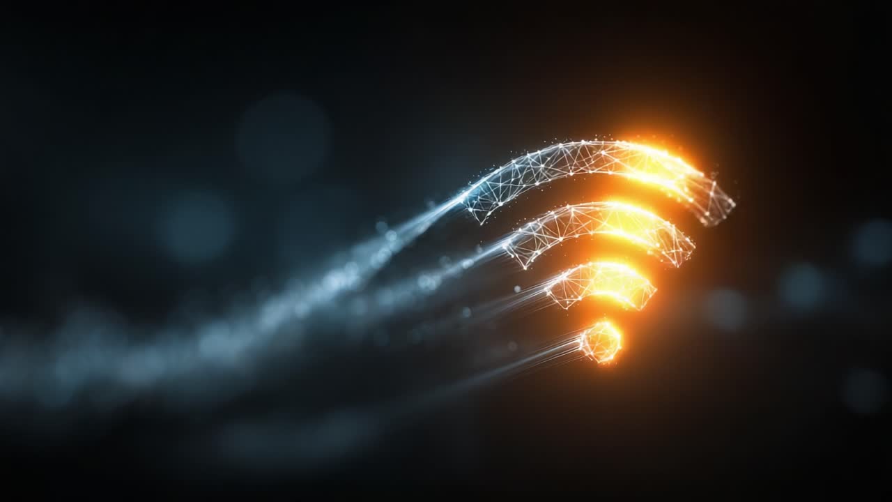 Dynamic Wireless Signal Progression Represented by Fading Light Manifestations in a Futuristic Technology Space, Symbolizing Connectivity and Data Transmission