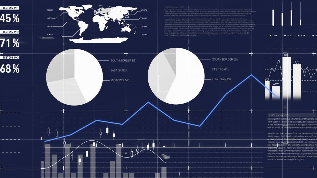 Animation of statistics and digital data processing over dark background