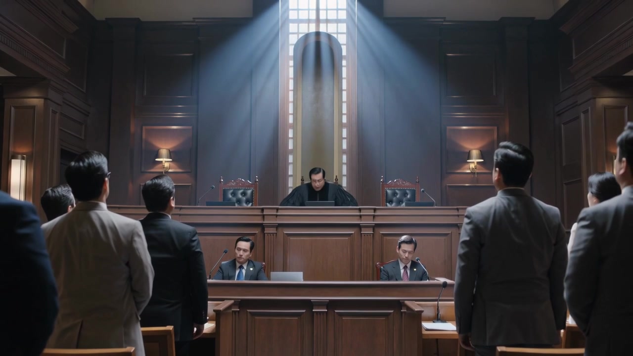 Entering Asian judge walking onto bench in court adjusting robe presiding causing audience standing