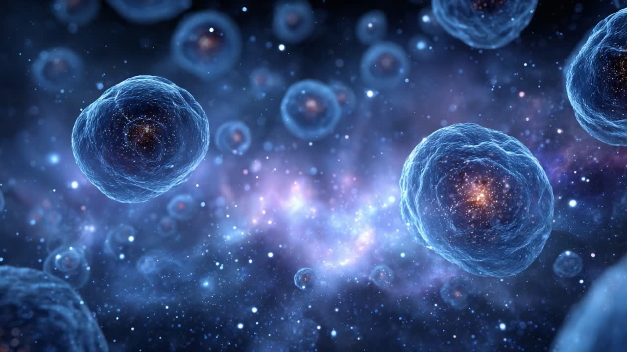 A Captivating Glimpse into the Microscopic Universe, Showcasing Magnificent Cellular Structures Against a Cosmic Background of Stars and Galaxies