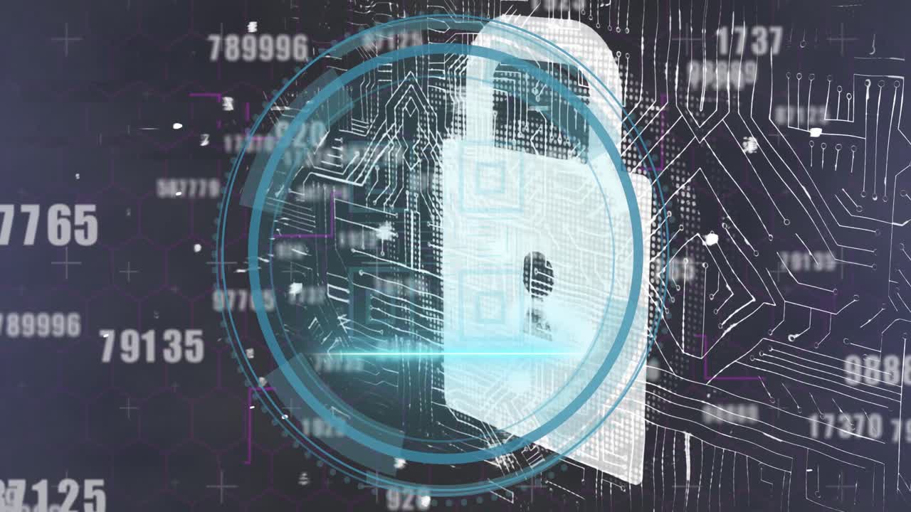 Animation of data processing and qr code over black background