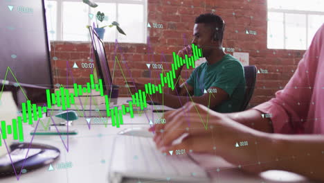 animation of diagrams over diverse colleagues using phone headsets in office