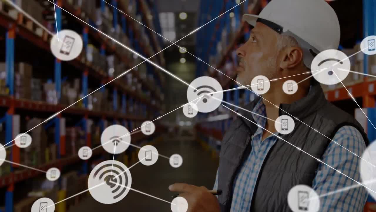 animación de la red de conexiones sobre el hombre caucásico en el almacén