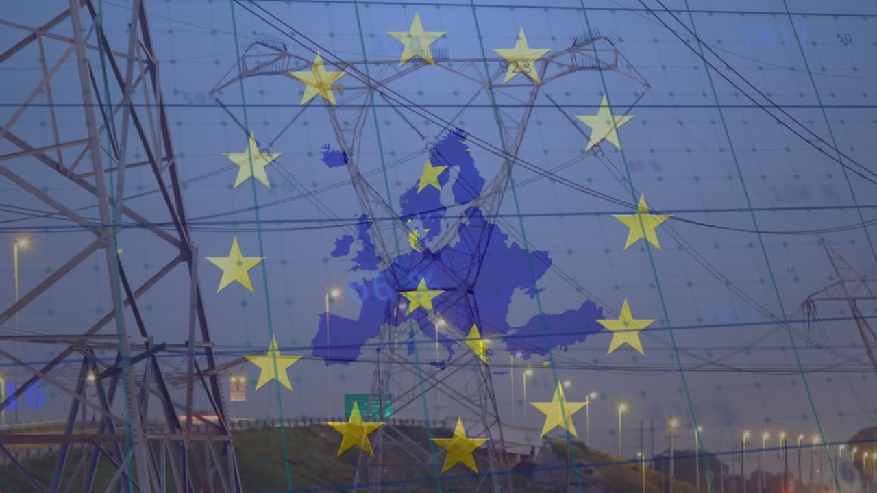 анимация европы и флага ес над городским пейзажем
