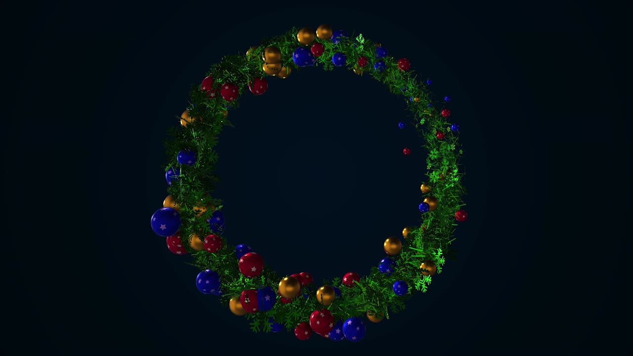 다양한 크기의 다채로운 반이는 공으로 장식 된 크리스마스 꽃받침. 애니메이션: 공간을 복사하기 위해 원에 있는 크리스마스 트리. 아름다운 크리스마스 애니메이션 배경
