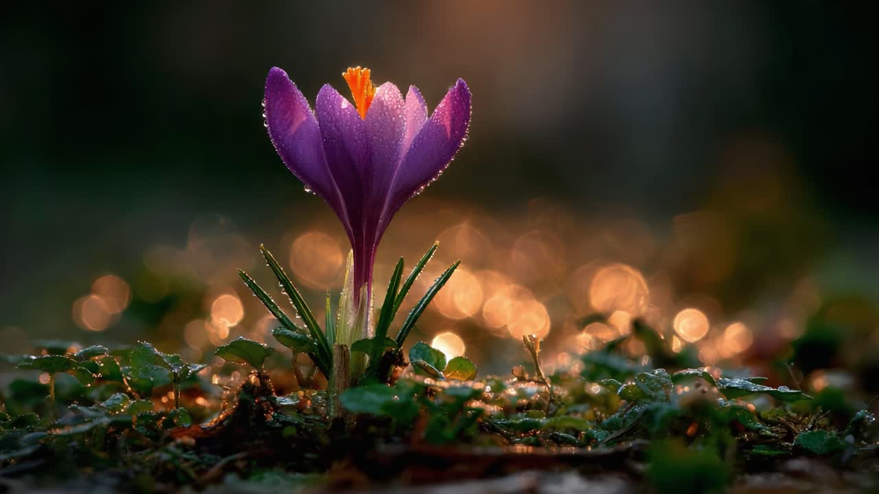 A Stunning Close-Up of a Blooming Crocus Flower Glowing in the Soft Morning Light, Surrounded by Dewy Leaves and a Sparkling Background of Nature's Beauty