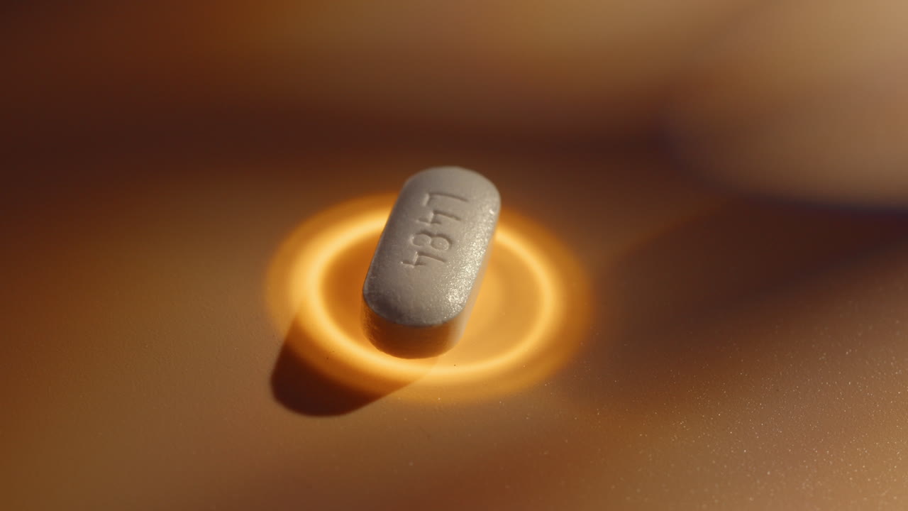 close up top down view of medical pill drug antibiotic with energy golden light