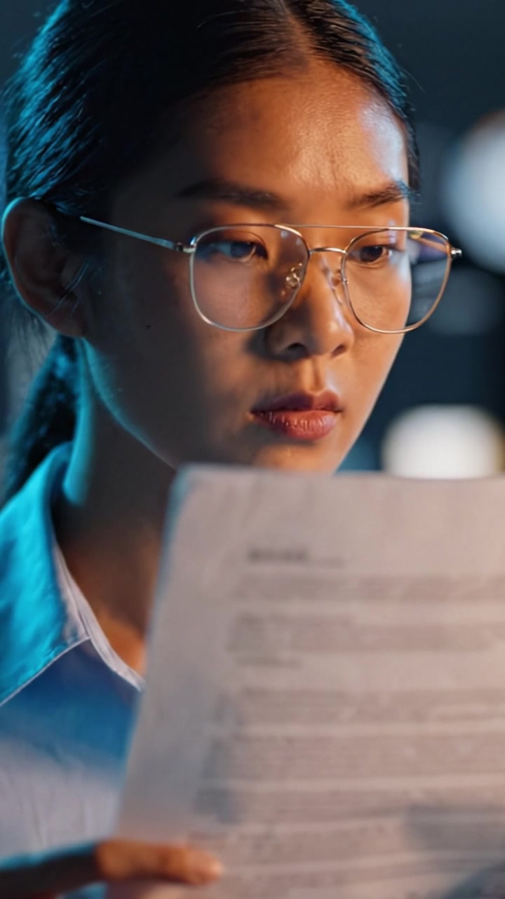 Focused individual reading documents with intense concentration in a professional setting, showcasing dedication and attention to detail under ambient lighting.