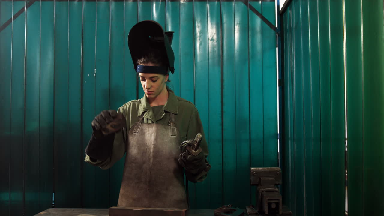 금속 조각 을 검사 하는 여성 용접기