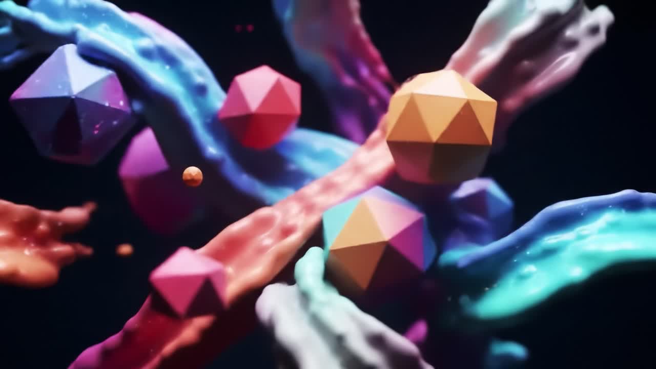 Vivid Abstract Shapes Collide in a Colorful Splash of Fluid Dynamics, Showcasing a Dazzling Array of Geometric Elements in Motion