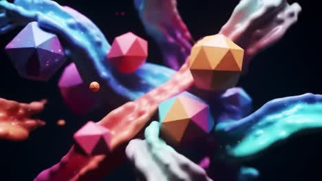 vivid abstract shapes collide in a colorful splash of fluid dynamics, showcasing a dazzling array of geometric elements in motion