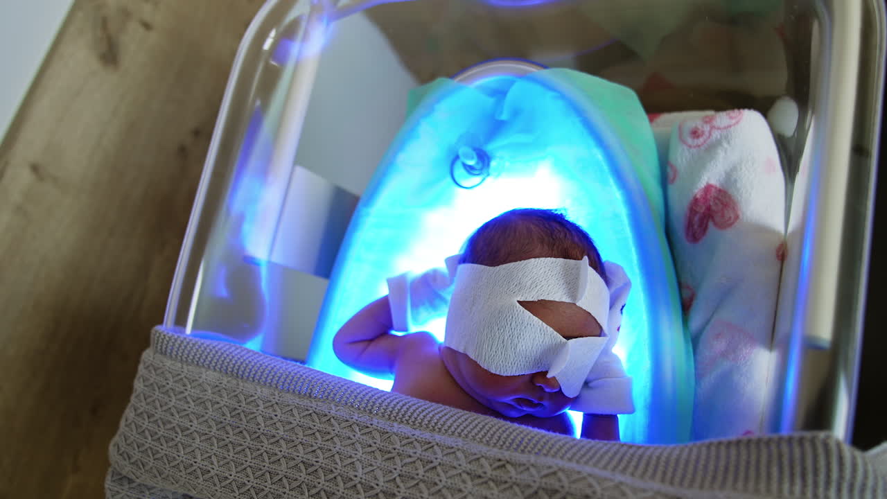 Baby lies in a crib under blanket and on the UV lamp. Newborn is undergoing jaundice treatment by photo therapy. Top view.