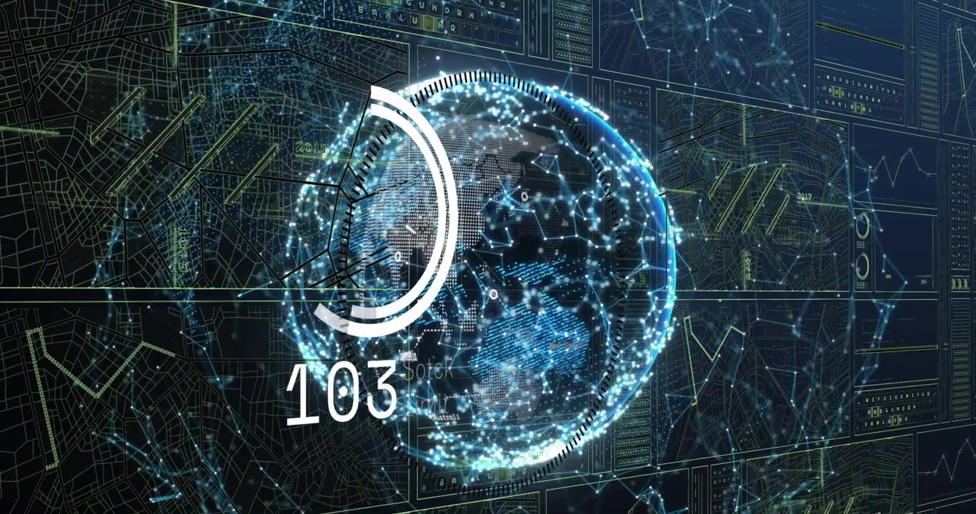 Animation of digital data processing, numbers and circuit board over globe