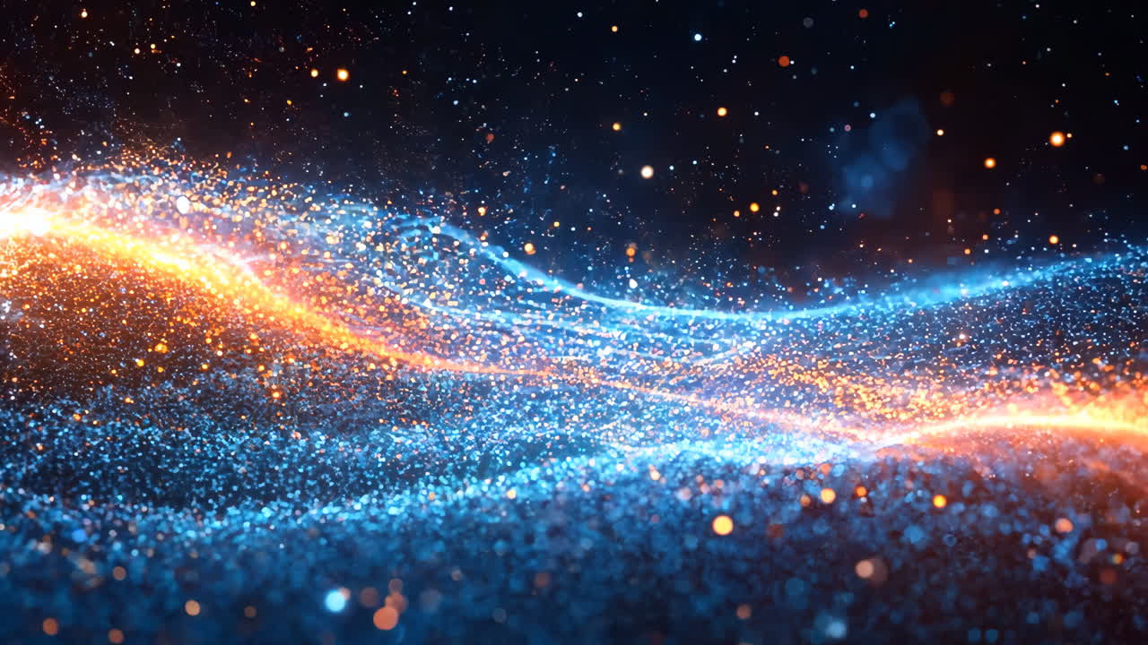 A blue and orange wave of light with many small dots. The dots are scattered all over the image, creating a sense of movement and energy. The blue and orange colors give the image a dynamic