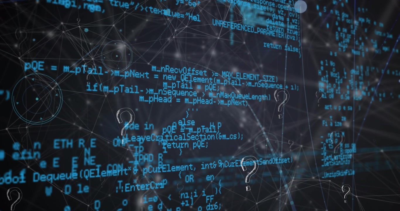 Animation of question mark icons over network of connections and data processing on black background