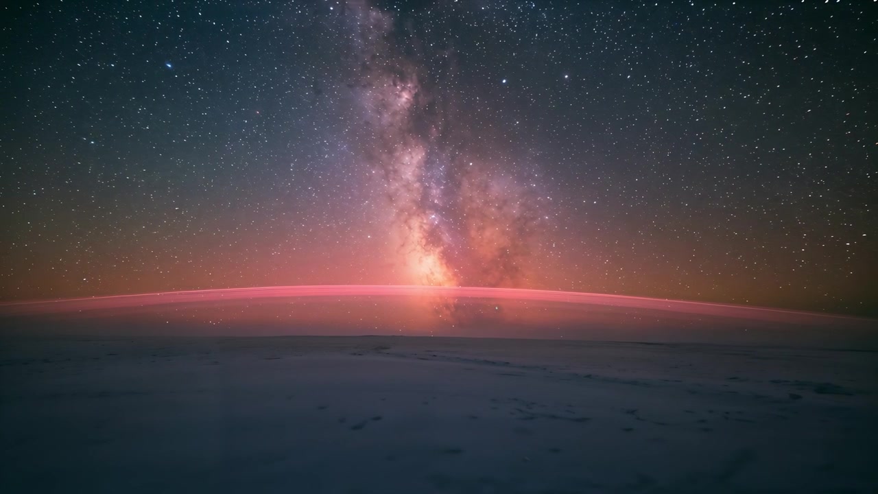 Opname door een orbitale camera die een Melkwegkolom vastlegt, met roze randverheldering boven een laag wolkendek.