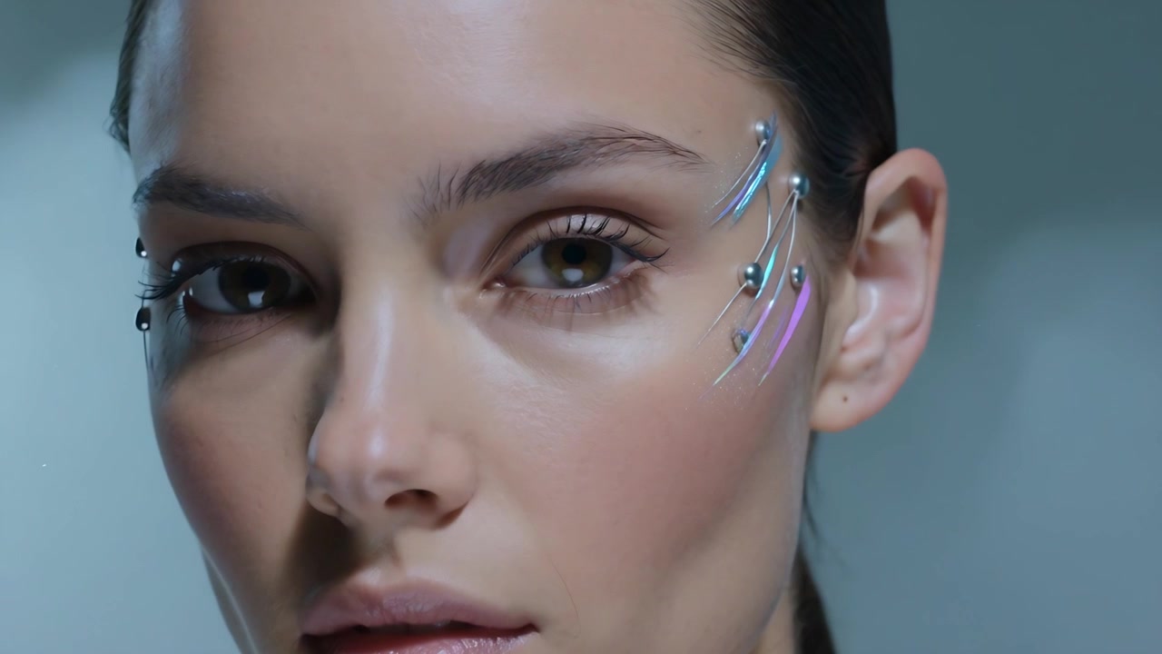 Modella in movimento che sposta lo sguardo mentre la telecamera si avvicina in studio, evidenziando gli elementi metallici illuminati