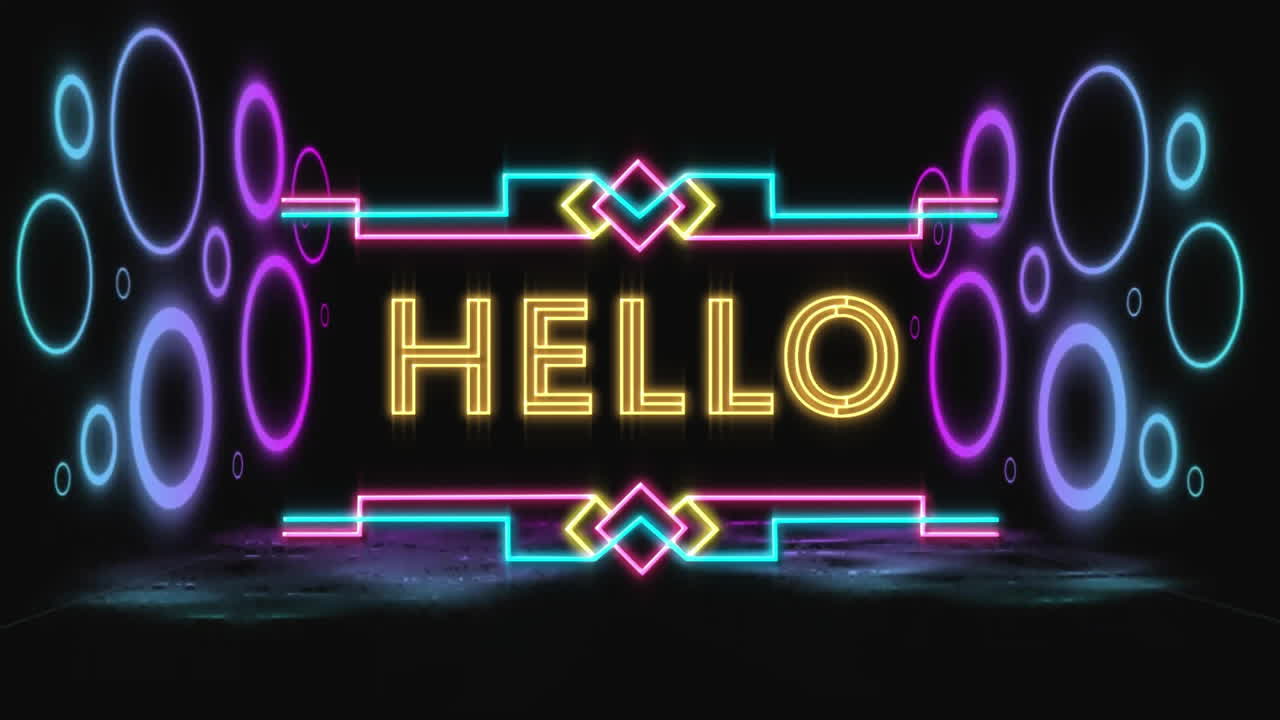 animación del texto de saludo sobre el fondo de patrón de neón