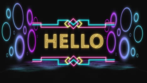 animación del texto de saludo sobre el fondo de patrón de neón