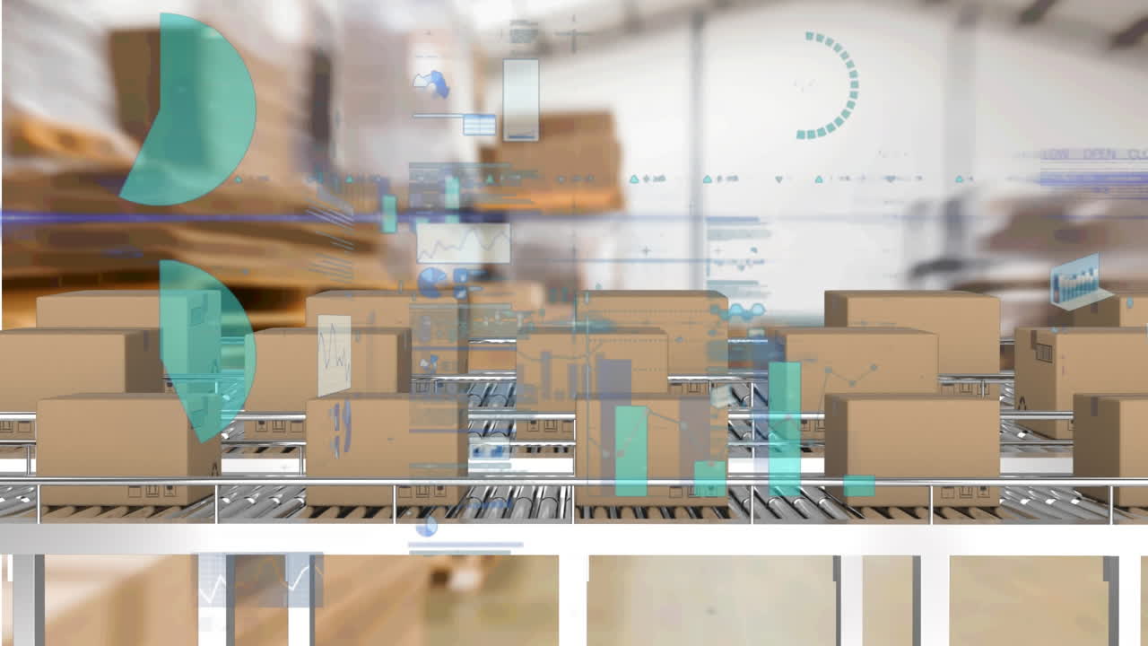 상자를 가진 컨베이어 벨트 위에서 통계 처리의 애니메이션