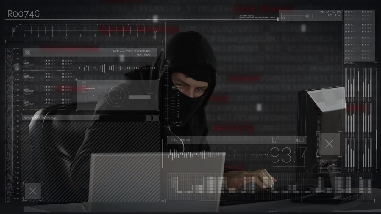 Animation af databehandling over en kaukasisk mandlig computerhacker i elefanthue, der bruger en bærbar computer