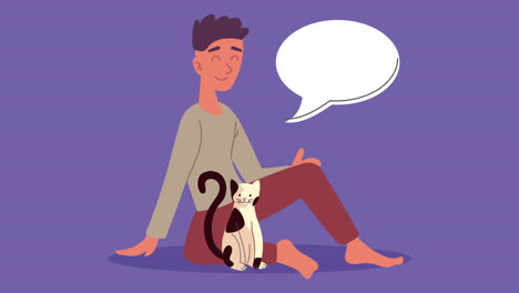 man seated with cat mascot characters
