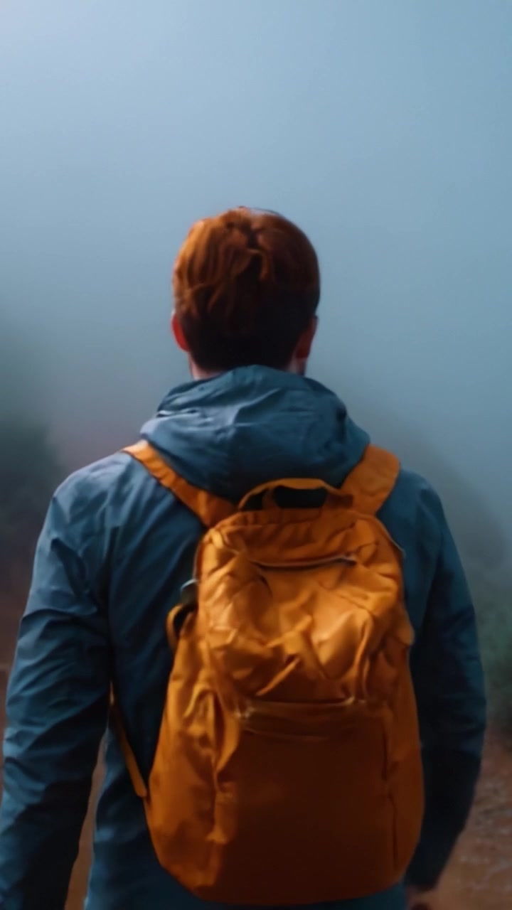 Un viaggiatore solitario cammina lungo un sentiero avvolto nella nebbia, abbracciando la serena bellezza del mistero della natura, catturando un momento di riflessione nella natura selvaggia.