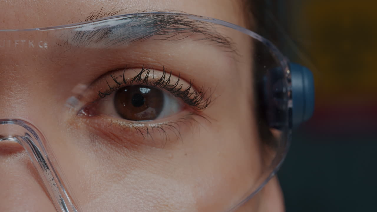 Woman with protective glasses showing one eye in front of camera