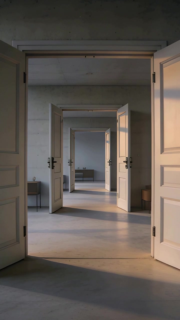 Video verticale: Luce del sole che si sposta proiettando ombre sul pavimento e sulle porte bianche di casa.
