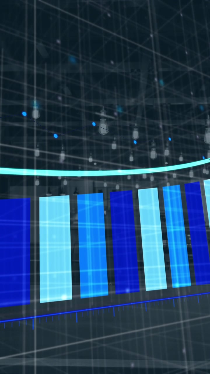 Animazione di elaborazione di dati finanziari sovrapposta a una turbina digitale