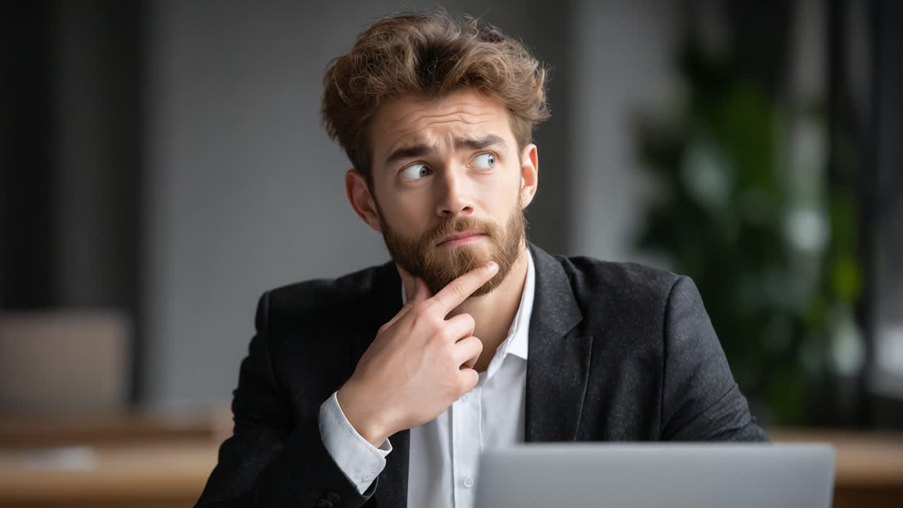 A thoughtful young man in a suit sits at a desk, contemplating ideas and solutions with a serious look, showcasing a professional mindset and driven attitude