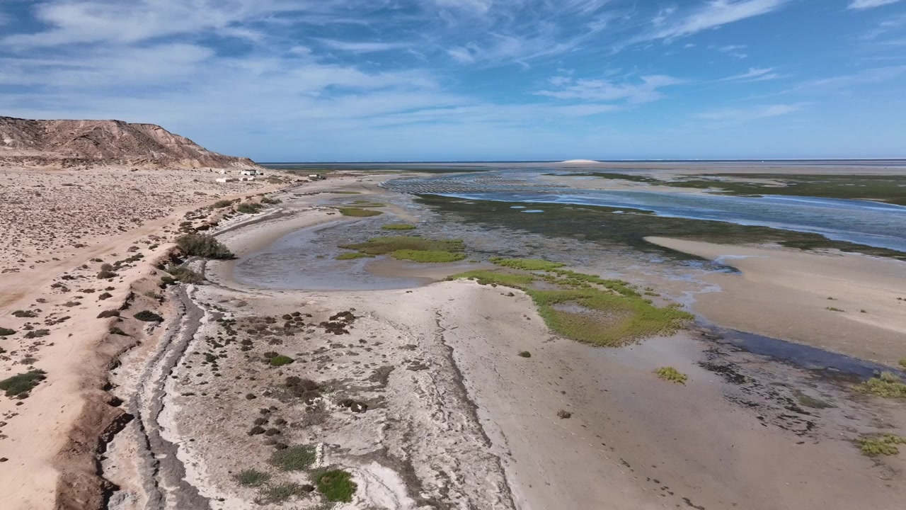 Drone-luftfoto af Dakhla-lagunens kystnære vådområder og saltmarsker, der viser lavt tidevand, halofytisk vegetation og den unikke overgang mellem Atlanterhavskysten og Sahara.
