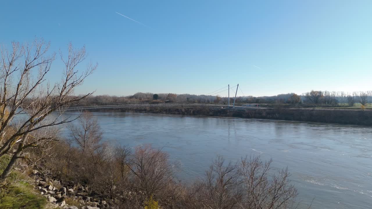 Aerial view of bridge between Avignon and Villeneuve with the Rhône river in France