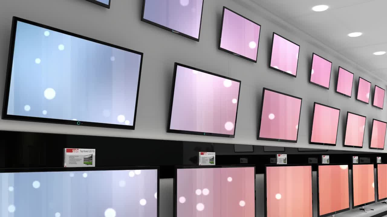 복사 공간과 함께 반 ⁇ 이는 화면과 함께 상점에 있는 텔레비전 세트의 행의 애니메이션