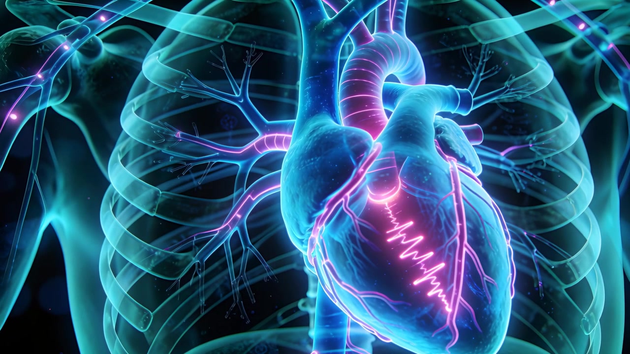 Cuore pulsante che riceve un segnale magenta, contraendosi nella gabbia toracica e illuminando i vasi coronarici e i nodi.