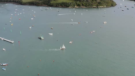 Aerial-View-Of-The-Kingsbridge-Estuary-Famous-For-Sailing,-Salcombe,-Devon,-England---drone-shot