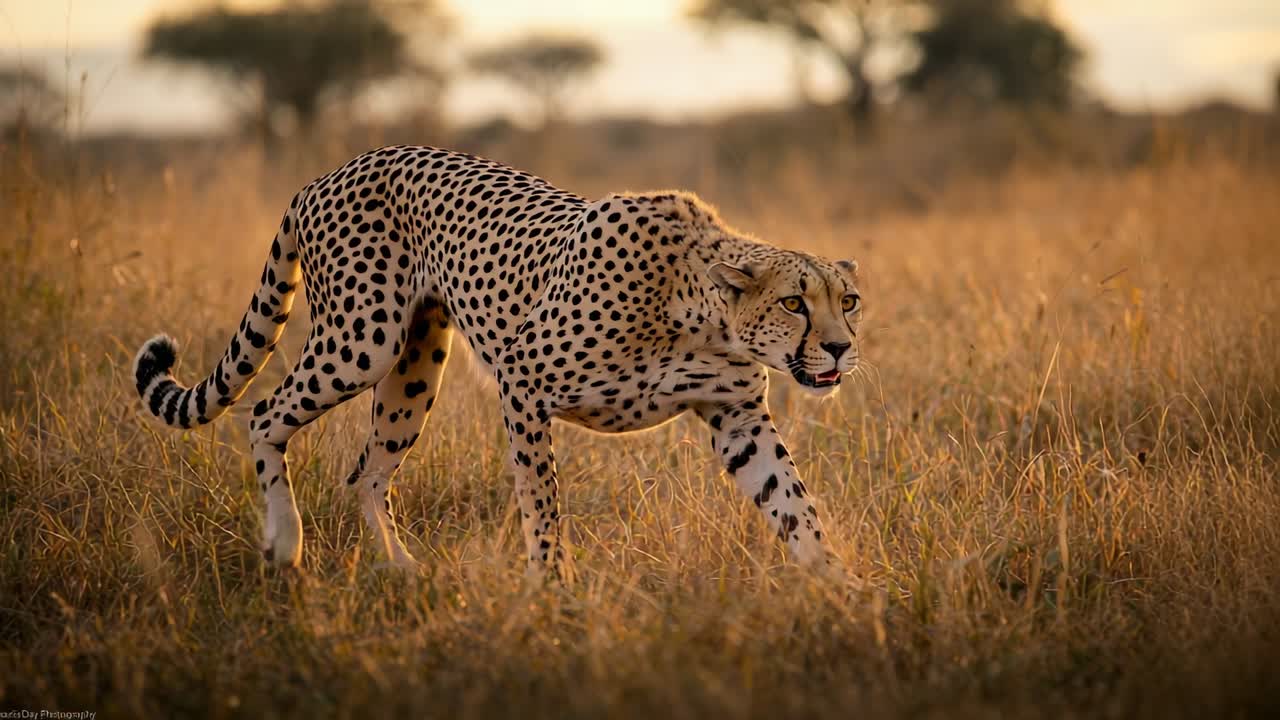 Entering grassland spotted cheetah moving from left to right across grasses passing acacia trees