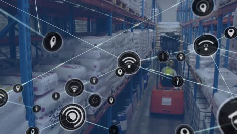 Animation-of-wifi-and-gps-connected-with-lines-and-rearview-of-worker-unloading-goods-with-forklift