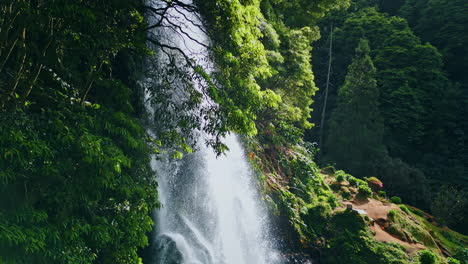 woodland waterfall falling rocks closeup. drone shot vivid water cascading mossy