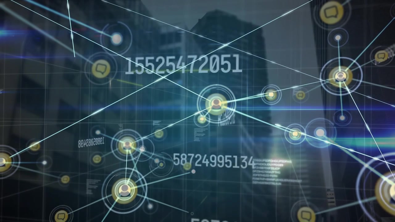 Animation of data processing over cityscape