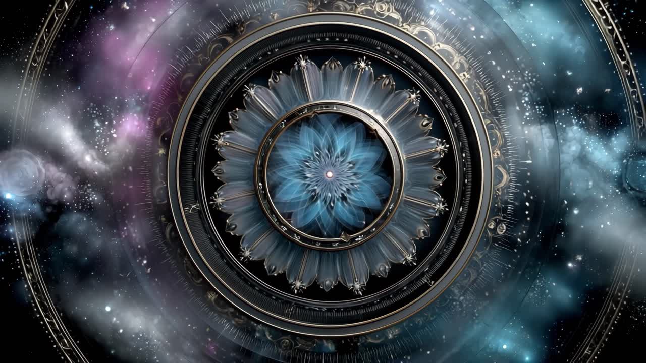 Intricate cosmic patterns. A vibrant cosmic design features intricate patterns and a flower-like shape at the center surrounded by swirling colors.