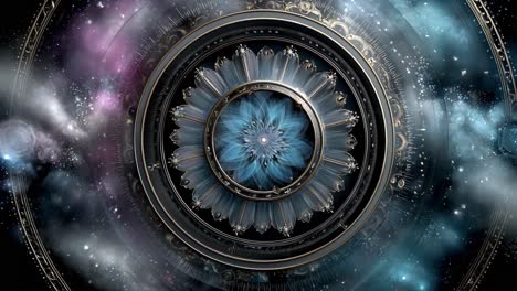 intricate cosmic patterns. a vibrant cosmic design features intricate patterns and a flower-like shape at the center surrounded by swirling colors.